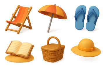 Relaxing Beach Icons. Relaxation scene set of icons in 3D color style: beach chair, umbrella, flip-flops, book on sand, picnic basket, sun hat.