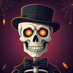 Drawing of a skeleton in a hat and a butterfly with bright glowing eyes on a dark background with a cobweb and sweets, creates a festive Halloween atmosphere.