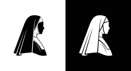 A minimalist black and white illustration of a nun in profile, shown in positive and negative versions.