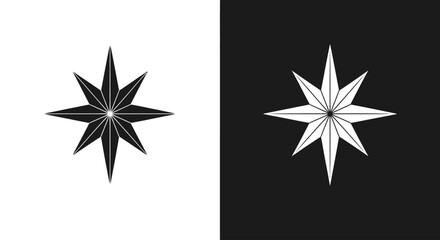 Obraz premium A minimalist graphic of two eight-pointed stars, one black on a white background and its white inverse on a black background.