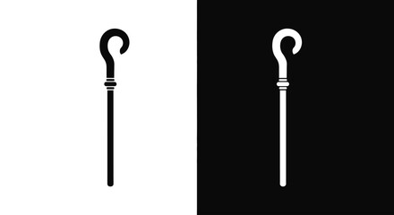 A black and white graphic illustration of a shepherd's crook, shown in positive and negative space.