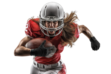 Woman american football player running with ball and helmet