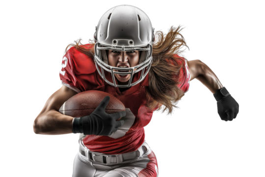 Woman american football player running with ball and helmet