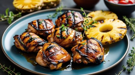 Grilled chicken thighs with distinctive grill marks, served on a blue plate, accompanied by slices of ripe pineapple, with fresh herbs scattered around, showcasing a tempting, vibrant, culinary...