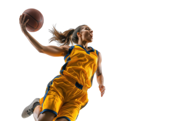 Woman basketball player jumping in action with ball