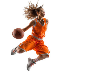 Woman basketball player jumping dribbling ball during game