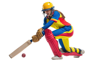 Woman cricketer batting, hitting cricket ball during game