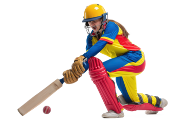 Woman cricketer batting, hitting cricket ball during game