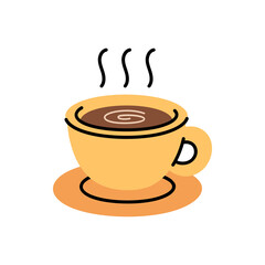 Simple cartoon drawing of a yellow coffee cup with steam rising set against a transparent background