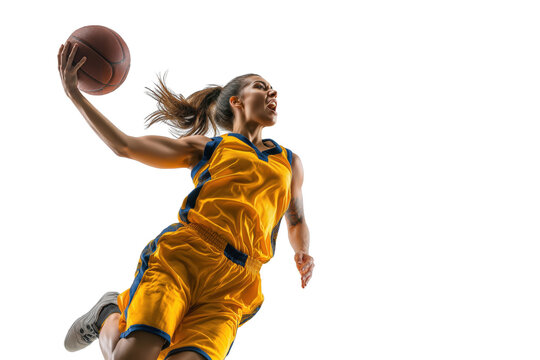 Woman basketball player jumping in action with ball