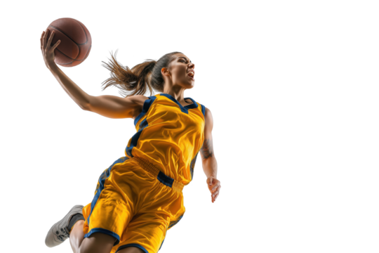 Woman basketball player jumping in action with ball