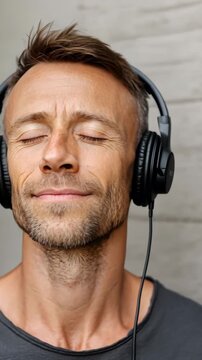 Tranquil man immersed in music with headphones and closed eyes, experiencing pure relaxation