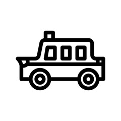 Simple black outline icon of a cartoon car with four wheels and windows on a transparent background symbolizing transportation and travel