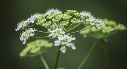 A close-up view of a hemlock flower showcasing its delicate white umbels made up of tiny clustered blossoms. The intricate floral pattern and soft green stems create a natural and botanical aesthetic.