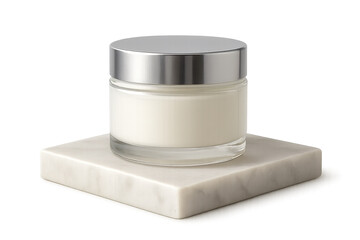 Glass Cosmetic Cream Jar with Silver Lid on Marble Slab, Soft Daylight Reflection, Isolated Transparent Background