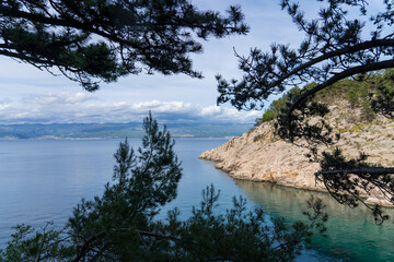 Vrbnik, Croatia - April 20, 2025: Panoramic view of the mountains and sea. Beautiful landscape of mountains, sea, and forest