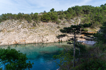 Vrbnik, Croatia - April 20, 2025: Panoramic view of the mountains and sea. Beautiful landscape of mountains, sea, and forest