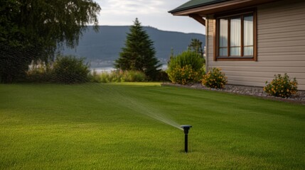 Efficient Watering System for Lawn Care in Outdoor Scene with House and Mountain View