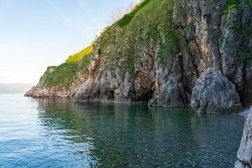 Vrbnik, Croatia - April 20, 2025: Panoramic view of the mountains and sea. Beautiful landscape of mountains, sea, and forest