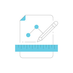 Abstract graphic representation of data points connected by lines on a blue ruler with light blue triangle in the corner white background