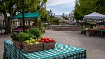 Vibrant Market Scene with Fresh Produce and Community Gathering Under Blue Sky