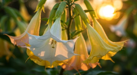 A cluster of angel’s trumpet flowers with their signature trumpet-shaped blooms hanging gracefully. The delicate petals and lush green leaves create an elegant and natural floral display.