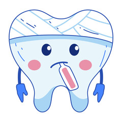 Cartoon Tooth Character with Bandage and Thermometer Depicting Dental Problem on Transparent Background
