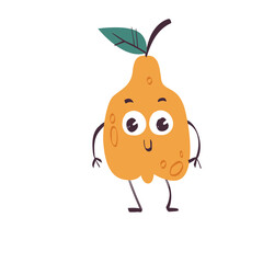 Obraz premium Animated Pear Character in Yellow Orange with Green Leaf on Transparent Background