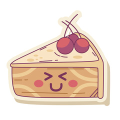 Cheerful Cake Slice with Cherries on Transparent Background Isolated Illustration