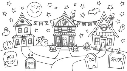 Fototapeta premium Cute Halloween Haunted Village Coloring Page with Spooky Houses, Pumpkins, Ghosts & Graveyard Vector