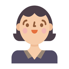 Simple illustration of a woman's face with short dark hair rosy cheeks and a friendly smile wearing a dark blue top on a transparent background