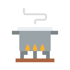 Simple flat illustration of a cooking pot on a stove with steam rising against a transparent background