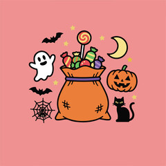 A digital illustration showcases an orange Halloween candy bag overflowing with treats alongside a ghost, bats, a spiderweb, pumpkin, black cat, and stars on a pink backdrop.