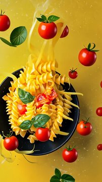 Spirali pasta and cherry tomatoes in motion: capturing the dynamic elegance of italian cuisine