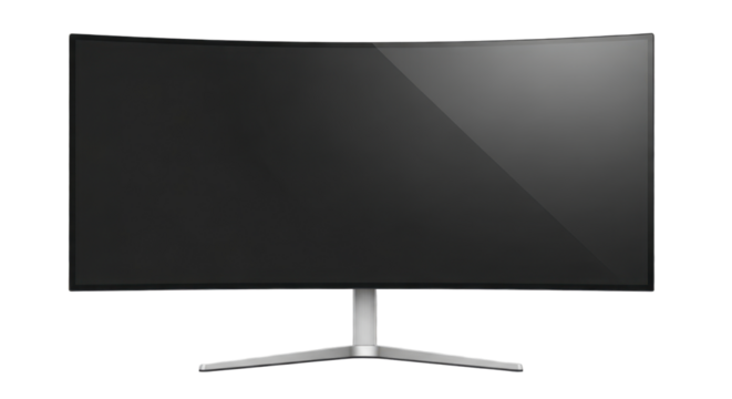 Curved widescreen computer monitor with blank screen, isolated on transparent background