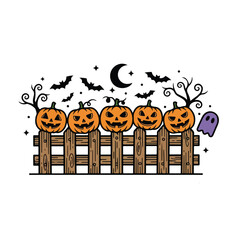 Cartoon illustration of a Halloween scene with pumpkins on a fence under a crescent moon, bats, and a ghost, conveying a spooky yet playful holiday mood.