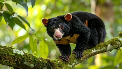 A black and white-spotted bear-cat sits alertly on a mossy tree branch amidst lush green foliage.