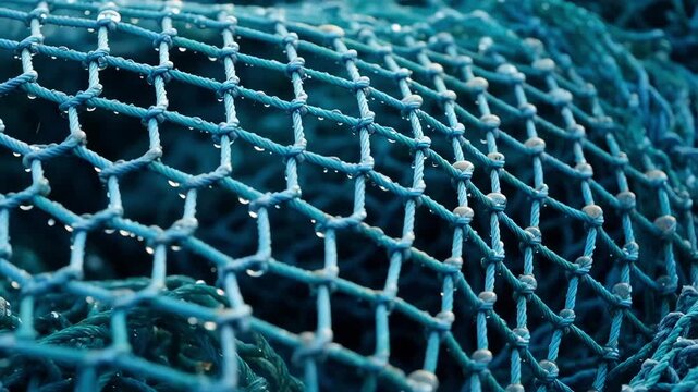 Close-up of blue and green fishing net texture with water droplets, creating a geometric pattern on a dark background