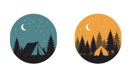 Two oval designs featuring camping scenes under a starry night sky