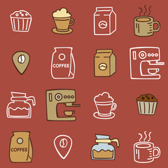 Cute seamless pattern of coffee makers, mugs, and cafe treats in warm tones. Perfect for wallpapers, packaging, or cafe branding design.