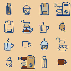 Cute seamless pattern of coffee makers, mugs, and cafe treats in warm tones. Perfect for wallpapers, packaging, or cafe branding design.