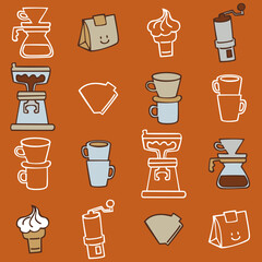 Cute seamless pattern of coffee makers, mugs, and cafe treats in warm tones. Perfect for wallpapers, packaging, or cafe branding design.