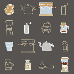 Cute seamless pattern of coffee makers, mugs, and cafe treats in warm tones. Perfect for wallpapers, packaging, or cafe branding design.