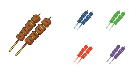 Colorful illustration depicting various meat skewers on white background