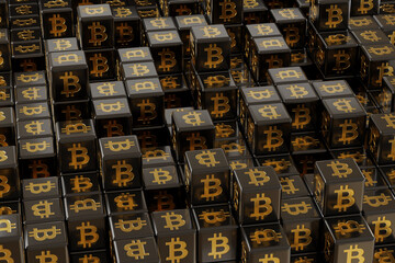 Black dice with the Bitcoin background. 3D illustration.