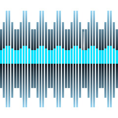 Abstract sound wave visualization with blue and grey vertical bars and a bright cyan horizontal line on a white background