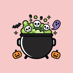 Illustration of a cauldron with skulls and bubbling green liquid, surrounded by Halloween pumpkins, a bat, and a ghost against a pink background.