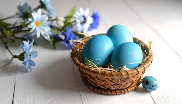 Blue Easter Eggs in a Basket with Flowers.