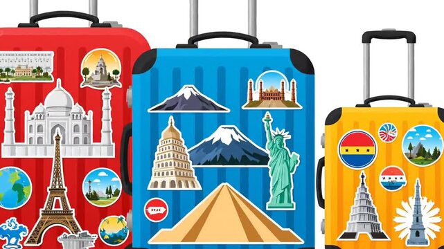 Colorful Suitcases with World Landmark Stickers: Travel Destinations and Global Adventures