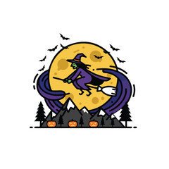 A stylized cartoon illustration of a witch flying on a broomstick in front of a yellow moon with bats, mountains, pumpkins, and pine trees.